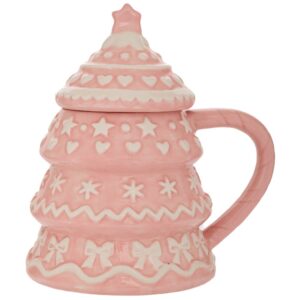 TAZZA IN CERAMICA ROSA CON COPERCHIO A FORMA DI ALBERO DI NATALE 15,5X12X17CM