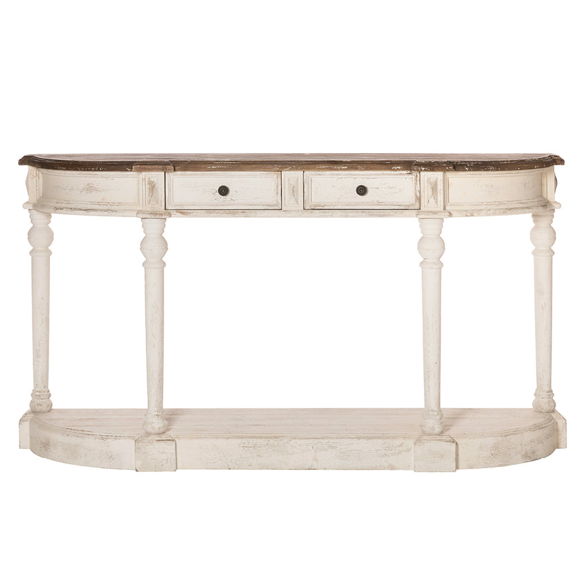 Consolle mezza luna due cassetti in abete mis. cm. 157x40x87